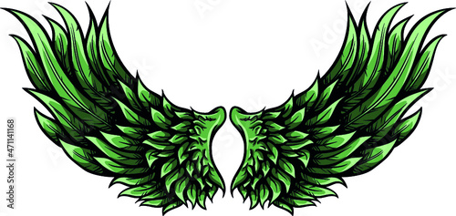 Pair of wings with green shadows and lights vector illustration.