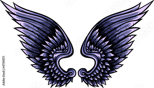 Indigo angelic vector wings with black outline, shadows and lights. Creative heraldic illustration.