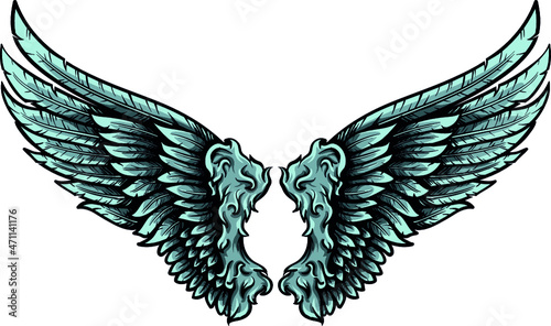 Angelic wings pair vector illustration. Hand drawn feathers with shadows and lights.