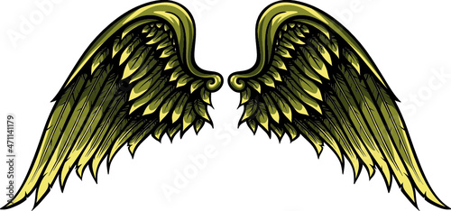 Yellow pair of wings with detailed feathers vector illustration. Hand drawn heraldic symbol.