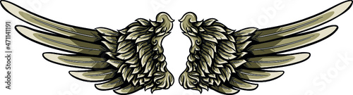 Opened angelic wings vector illustration. Creative tattoo wing.