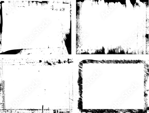Paintbrush damaged grungy border for aged photo effect. Four rectangle vector frames.