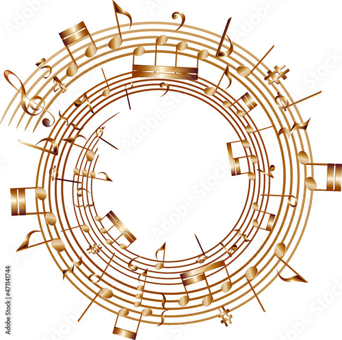 Vector circle musical score with notes. Round score with golden gradient.