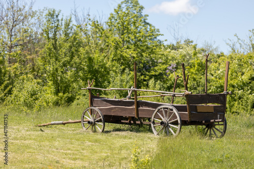 An old horse-drawn carriage with wooden wheels stands in a meadow in summer
