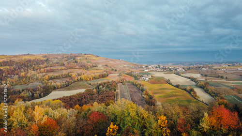 Aerial view of The Langhe  hilly area in Piedmont  northern Italy. Famous italian travel destination  world heritage site. Bird s eye view.