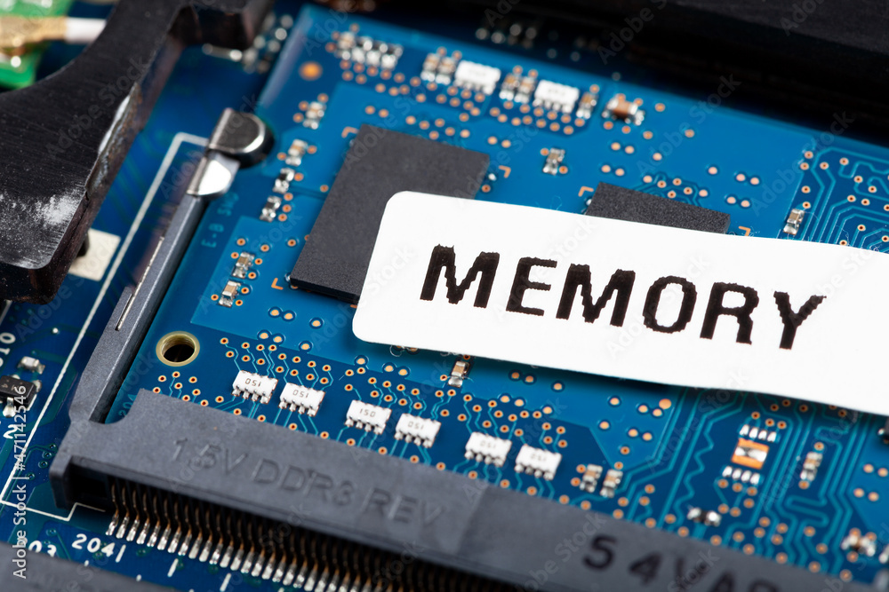 Laptop computer RAM memory stick module installed, object detail, macro,  extreme closeup, nobody. Disassembled netbook, ram replacement and service  up close, computer memory simple concept, technology Stock Photo | Adobe  Stock