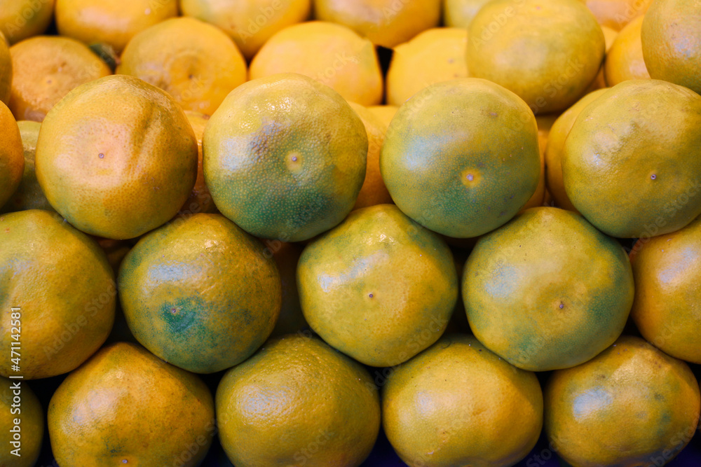 Mandarin, indispensable Vitamin C of winter seasons, Freshly picked green tangerines as citrus background, selective focus