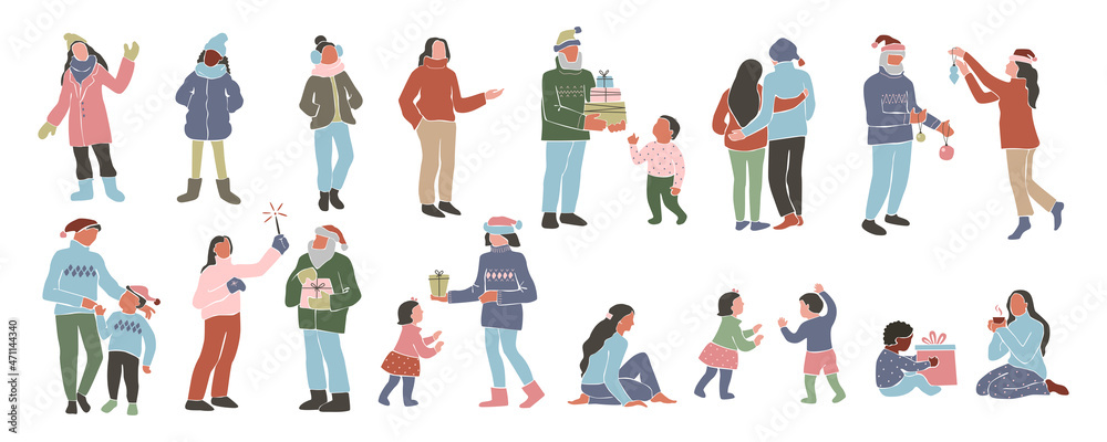 Set of hand drawn family, different people, children celebrating Merry Christmas and Happy New Year isolated on white background. Vector flat  illustration. Design for card, banner, print
