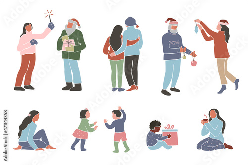 Set of hand drawn family, different people, children celebrating Merry Christmas and Happy New Year isolated on white background. Vector flat  illustration. Design for card, banner, print