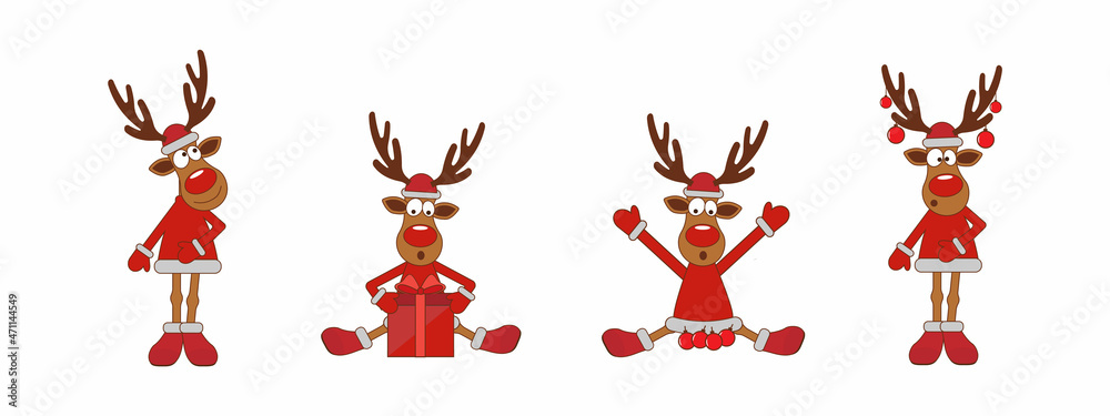 A collection of cute deer in different New Year's costumes and with different holiday items. Cartoon, flat style, vector
