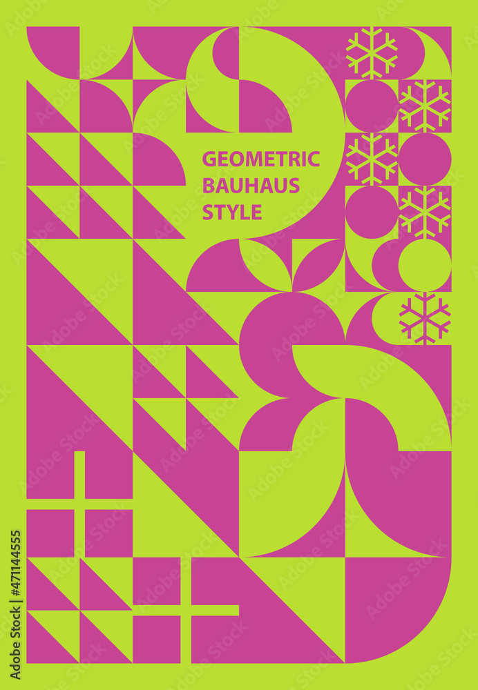 Bauhaus style geometric shapes. Color trends 2022 Acid Lime and Festival Fuchsia. Merry Christmas poster pattern. Background design for card, banner, flyer, wallpaper, wall. Vector illustration.