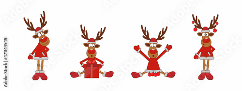 Obraz na płótnie A collection of cute deer in different New Year's costumes and with different holiday items. Cartoon, flat style, vector w salonie