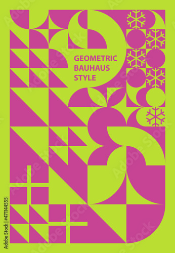 Bauhaus style geometric shapes. Color trends 2022 Acid Lime and Festival Fuchsia. Merry Christmas poster pattern. Background design for card  banner  flyer  wallpaper  wall. Vector illustration.