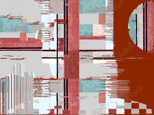 Modern style ethnic, geometric collage motifs on abstract natural textured background with folk motifs striped, digital print art for seamless pattern design for carpet, rug, scarf 2024