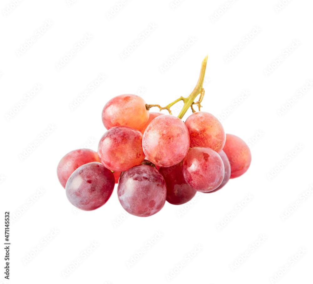 Branch of pink grapes close up isolated on white background.