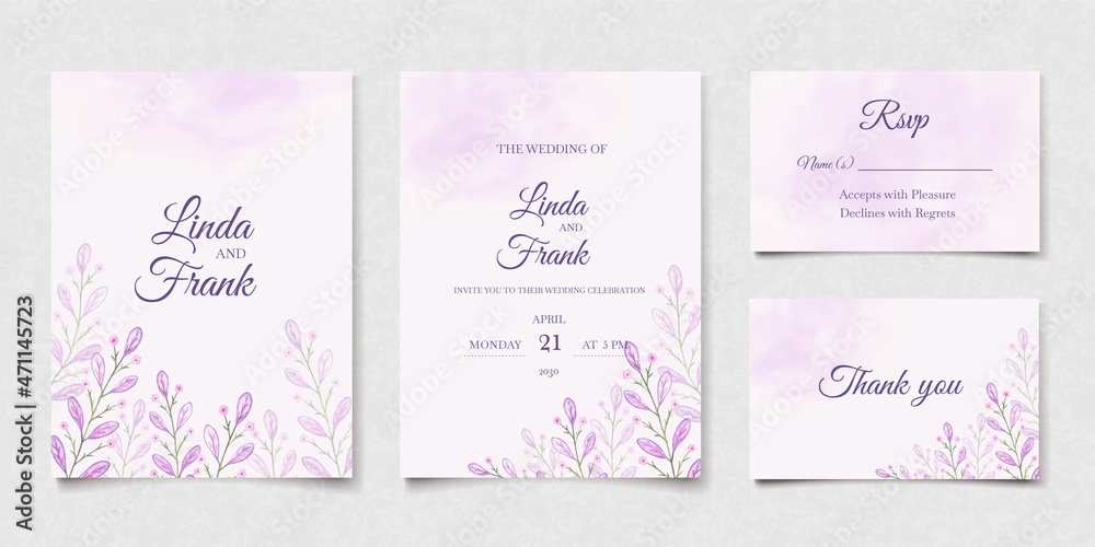 Purple floral watercolor wedding invitation card template. Nature background with flower leaves. Wedding invite set. Vector illustration design