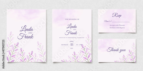 Purple floral watercolor wedding invitation card template. Nature background with flower leaves. Wedding invite set. Vector illustration design