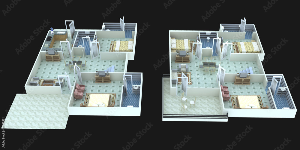 Floor plan of a house top view 3D illustration. Open concept living apartment layout