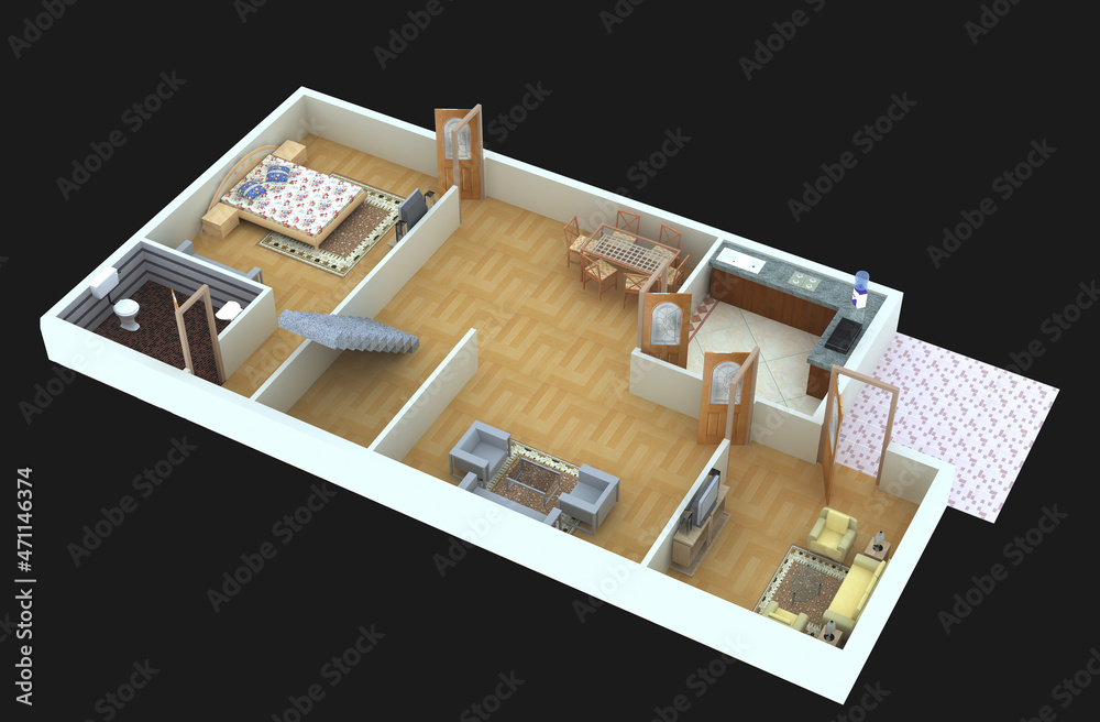 modern interior on the top view of ground floor private apartment 3d rendering
