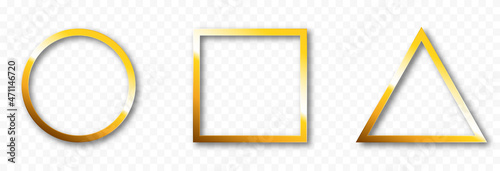 Set of vector gold frames on an isolated transparent background. Gold frame png, frame of different shapes png, vintage frame, golden texture.