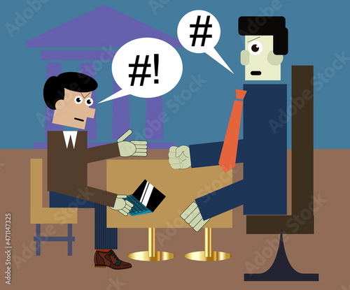 bickering businessmen talking during business meeting, negotiating