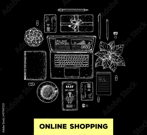 Online shopping concept. Hand drawn vector illustration. E-commerce vintage design template. Hand drawn sketch with laptop computer, credit card, smartphone, pen and notebook. Top view.