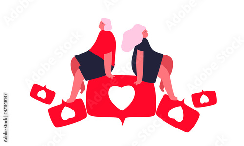 People, men and women holding like notifications. Followers gives like on social media. Like icon. Flat cartoon vector illustration. Like, rate on social networks, chat in the messenger and comments.