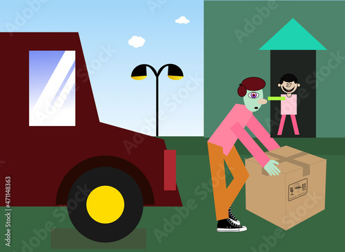 delivery service man delivering parcel to door of other man