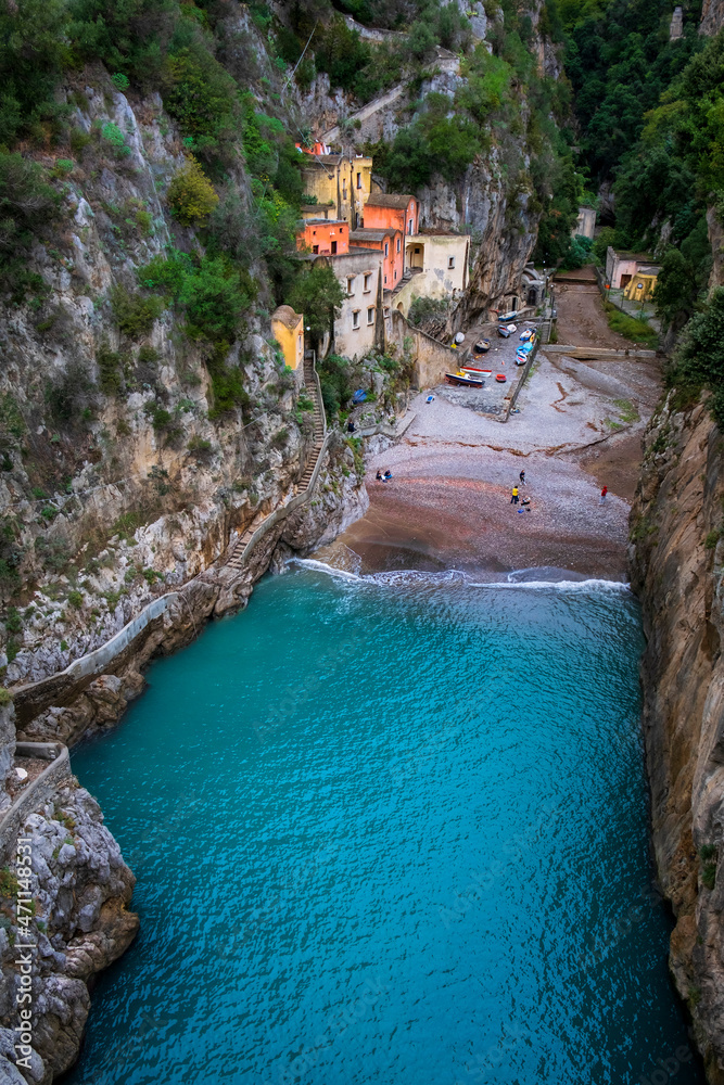 Fiordo di Furore Beach (Fjord of Furore) seen from the bridge, an unusual beautiful hidden place in the province of Salerno in the Campania region of south-western Italy.
