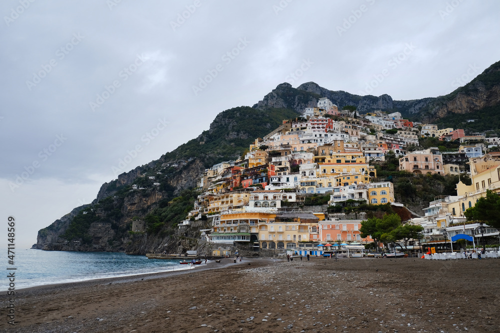 View of Positano resort seen from the beach, Amalfi Coast,  Province of Salerno, Campania, Italy