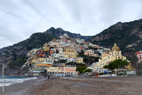View of Positano resort seen from the beach, Amalfi Coast,  Province of Salerno, Campania, Italy © elephotos