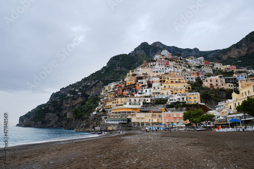 View of Positano resort seen from the beach, Amalfi Coast, Province of Salerno, Campania, Italy