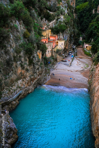 Принти на полотні Fiordo di Furore Beach (Fjord of Furore) seen from the bridge, an unusual beautiful hidden place in the province of Salerno in the Campania region of south-western Italy