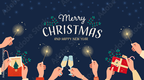 Greeting card. Male and female hands are holding a gift, glasses of champagne, greeting card, sparklers. Flat vector illustration.