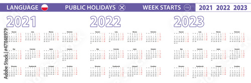 Simple calendar template in Polish for 2021, 2022, 2023 years. Week starts from Monday.