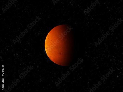 Far desert exoplanet in starry space. Orange planet with a solid surface 3d illustration. 