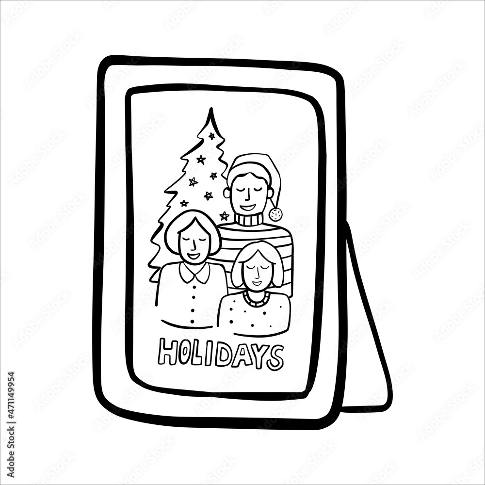 Family portrait in a photo frame. Festive photo of mother, father and daughter. Doodle vector illustration hand-drawn. Family portrait in a photo frame. Festive photo of mother, father and daughter. Doodle vector illustration hand-drawn.