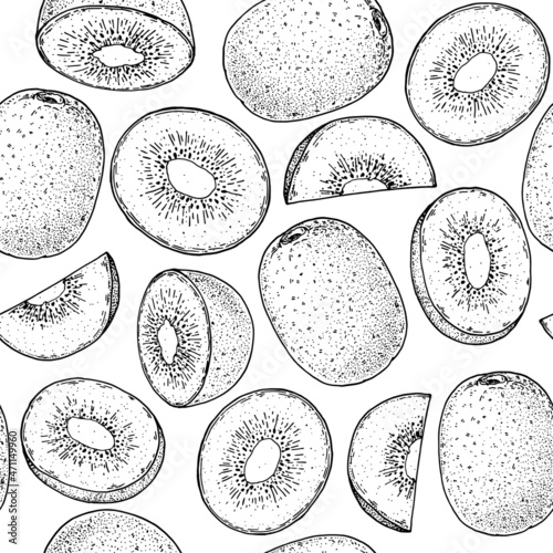 Seamless pattern with kiwi fruit sketch. Hand drawn vector illustration. Design, package, brochure illustration. Hand drawn kiwi fruits design template. Organic fresh food vector illustration.