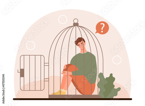 Concept of inner prison. Man sits in cage, which closed by large hand. Complexes, psychological problems. Shy character, tightness. Thought stuck and block person. Cartoon flat vector illustration