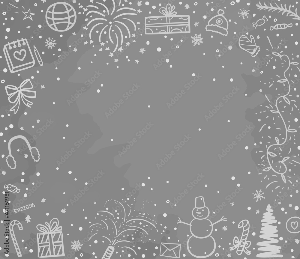 Obraz premium Christmas background. Hand drawn xmas elements. Abstract holiday freehand drawings. School winter holidays. New year banner. Children's drawings. Black and white illustration