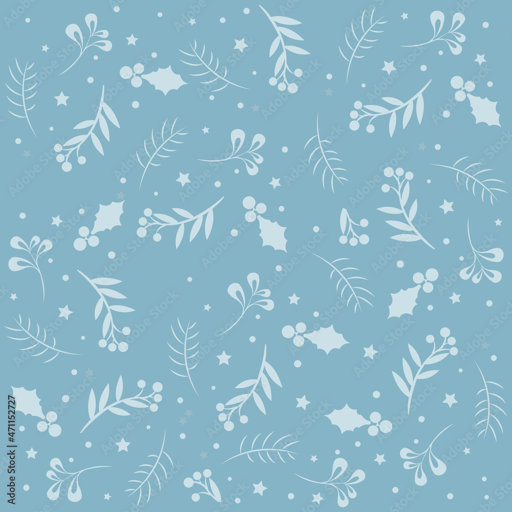 Fototapeta premium A blue background of Christmas tree branches, leaves and berries.