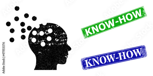 Grunge intellect synthesis icon and rectangular corroded Know-How seal. Vector green Know-How and blue Know-How watermarks with grunge rubber texture,