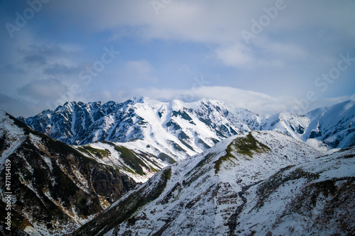 富山県立山町にある立山の冬の雪景色のある風景 Landscape with snowy winter scenery of Tateyama in Tateyama Town, Toyama Prefecture, Japan.