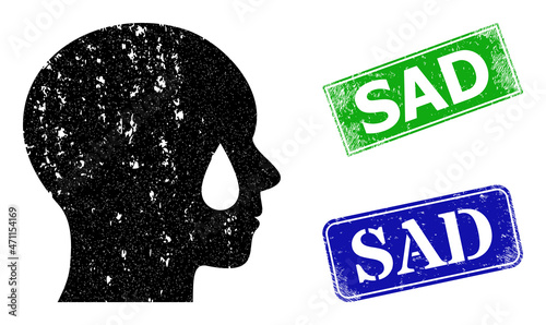 Grunge man tear icon and rectangle rubber Sad seal stamp. Vector green Sad and blue Sad imprints with distress rubber texture, designed for man tear illustration.