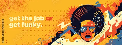 Obraz Funky style abstract illustration with female portrait and colorful splashing shapes. Vector illustration.