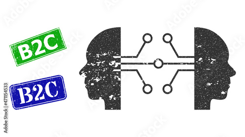 Grunge human network links icon and rectangular rubber B2C seal stamp. Vector green B2C and blue B2C seals with distress rubber texture, designed for human network links illustration.