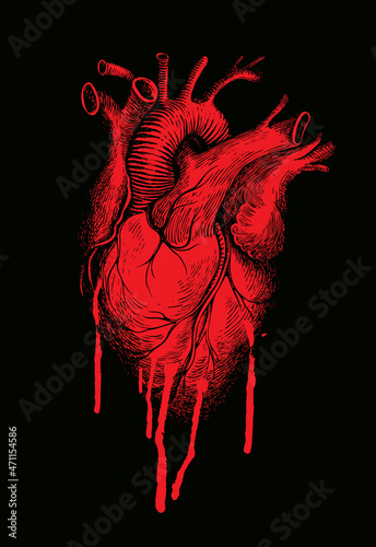 Horror vector banner with a red human heart and streaks of blood on a black background. Suitable for the design of T-shirts, tattoos, posters with a big bloody heart close up photo