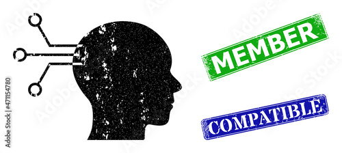 Grunge mental interface icon and rectangular rubber Member seal. Vector green Member and blue Compatible imprints with grunge rubber texture, designed for mental interface illustration.