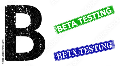 Grunge Beta Greek symbol icon and rectangle dirty Beta Testing stamp. Vector green Beta Testing and blue Beta Testing watermarks with grunge rubber texture,