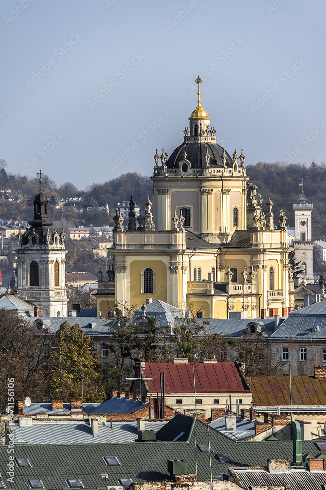 Lviv panorama from Saints Olga and Elizabeth Cathedral. Lviv - city in western Ukraine, capital of historical region of Galicia. Lviv, Ukraine.